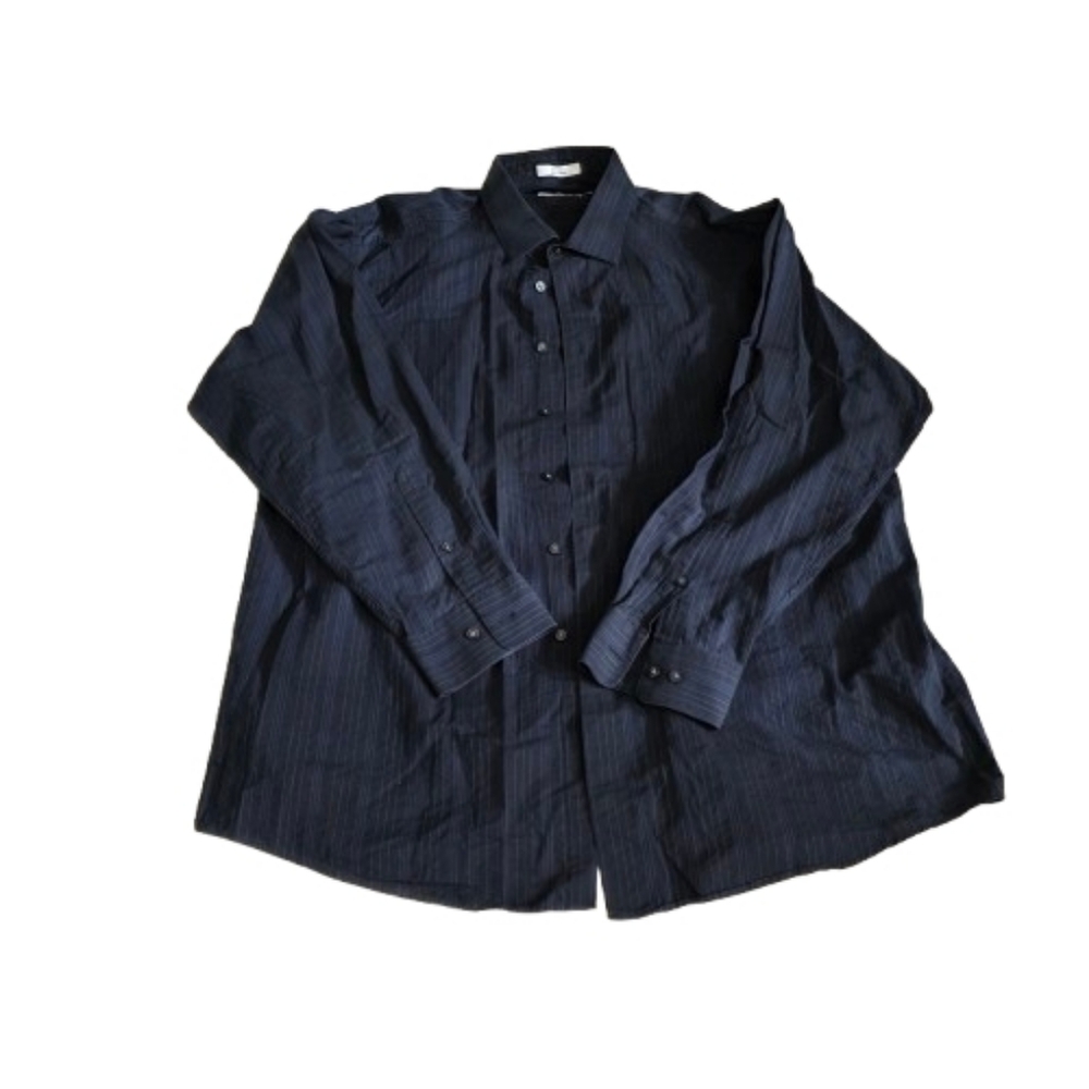 Calvin Klein Navy/Black Pinstriped Button Dow Shirt Mens Sz 18 34/35 100% Cotton